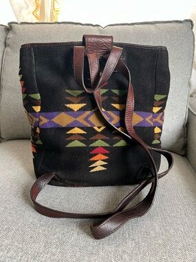 Pendleton Black Southwestern Aztec Backpack with Brown Leather Straps